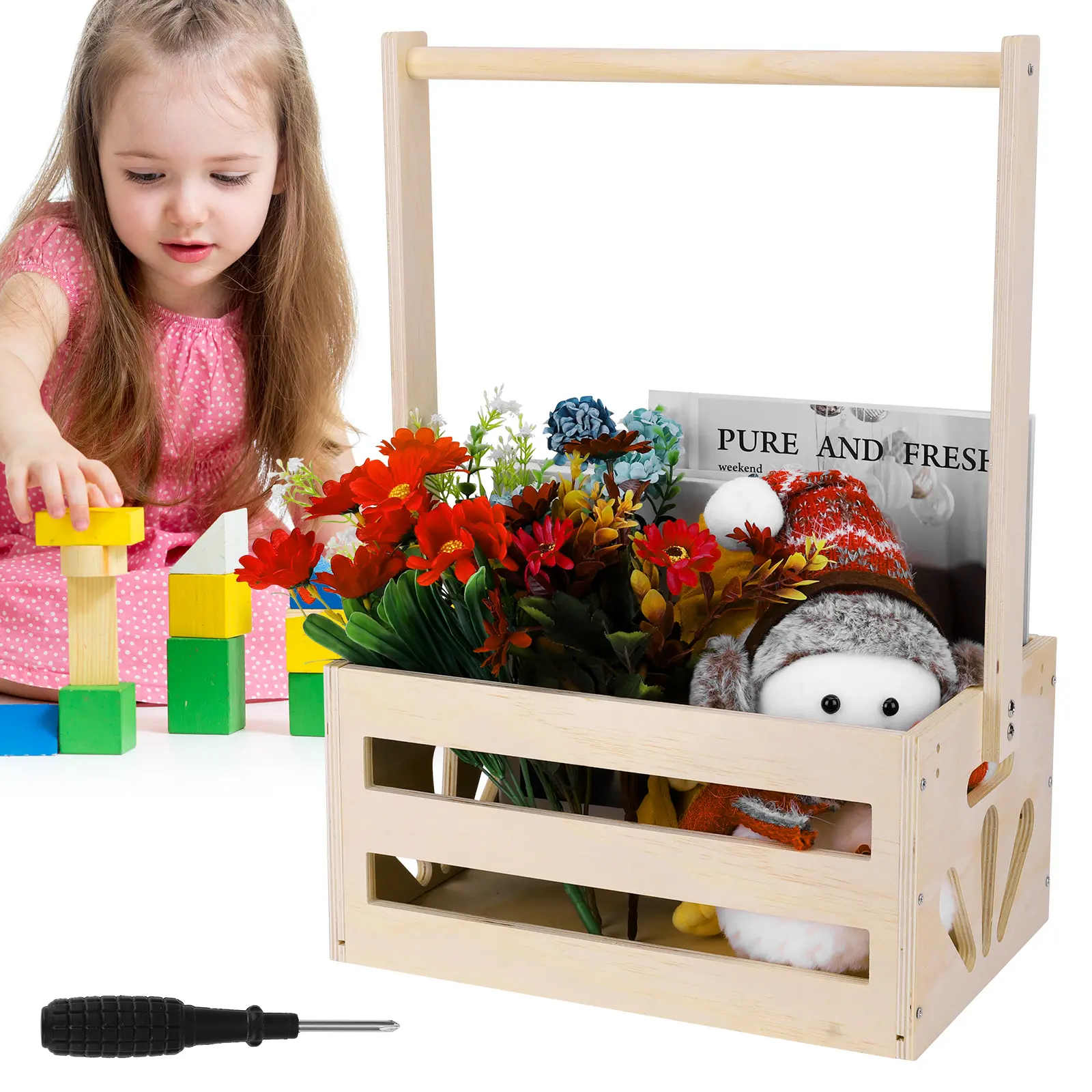 Wooden Baby Shower Crate Closet with Handle Baby Shower Basket Crate Box for Newborn Boy Girl New Parent