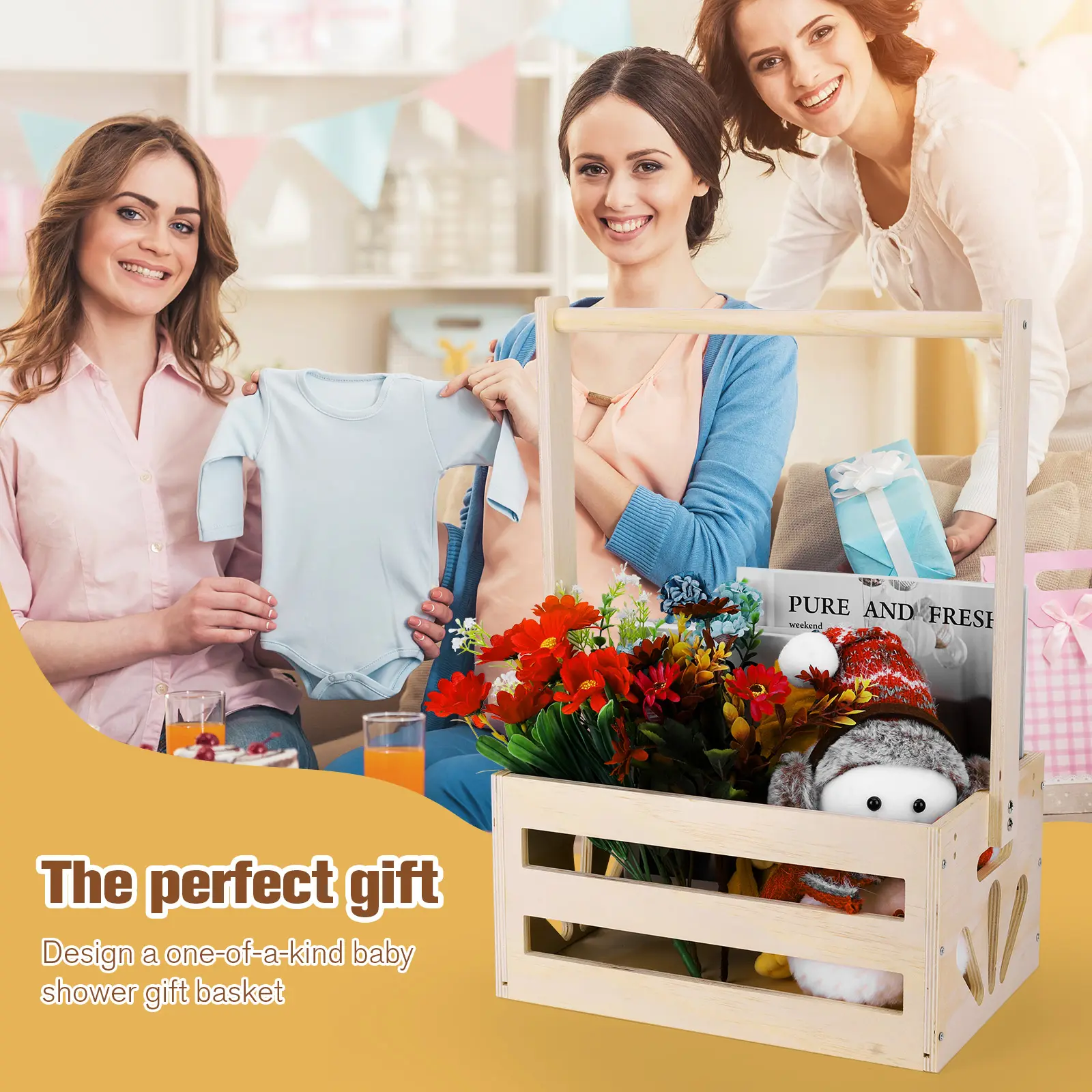 Wooden Baby Shower Crate Closet with Handle Baby Shower Basket Crate Box for Newborn Boy Girl New Parent