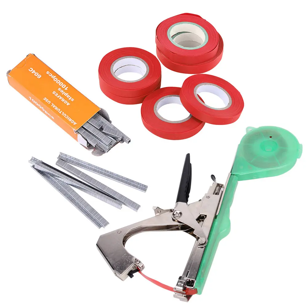 Plant Tying Machine with 6 Roll Tapes +1 Box Staples Hand Tying Binding Machine Plant Tying Tapetool for Vegetables Pepper Vines