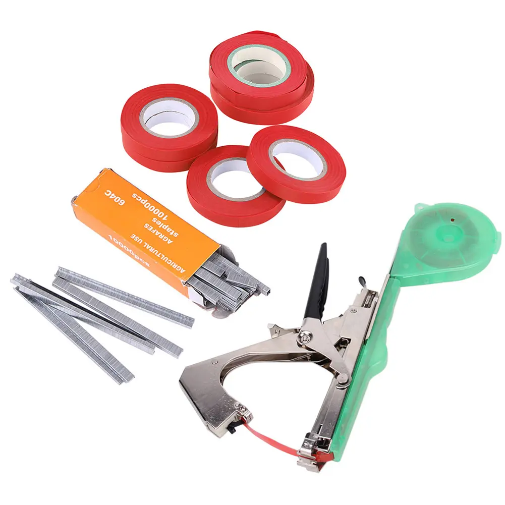 Plant Tying Machine with 6 Roll Tapes +1 Box Staples Hand Tying Binding Machine Plant Tying Tapetool for Vegetables Pepper Vines
