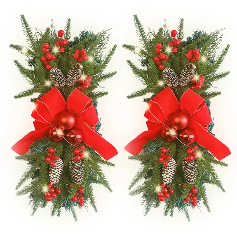 2 Pcs Hanging Christmas Teardrop Swag 18Inch Xmas Stair Swag Plastic Christmas Stair Garland for Stair Front Door Decoration