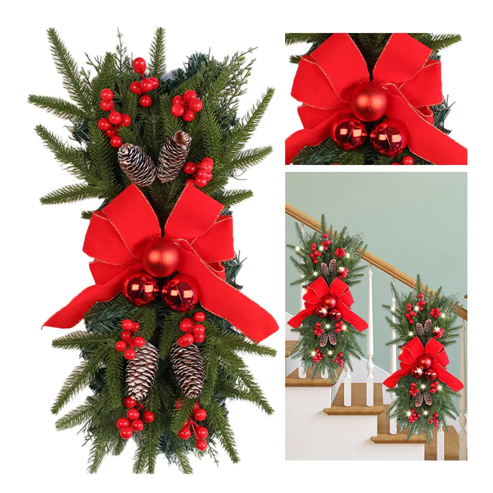 2 Pcs Hanging Christmas Teardrop Swag 18Inch Xmas Stair Swag Plastic Christmas Stair Garland for Stair Front Door Decoration