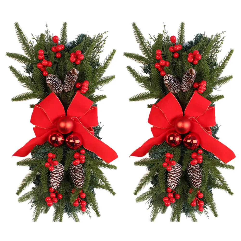 2 Pcs Hanging Christmas Teardrop Swag 18Inch Xmas Stair Swag Plastic Christmas Stair Garland for Stair Front Door Decoration