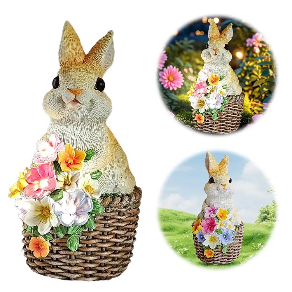 Solar Rabbit Statue Light Cartoon Bunny Ornament Waterproof Rabbits Sculptures Light Auto On Outdoor Rabbit Lamp for Patio Lawn