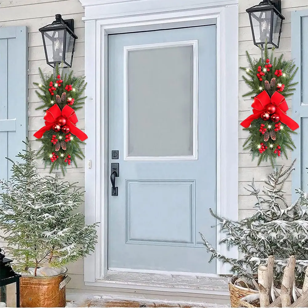2 Pcs Hanging Christmas Teardrop Swag 18Inch Xmas Stair Swag Plastic Christmas Stair Garland for Stair Front Door Decoration
