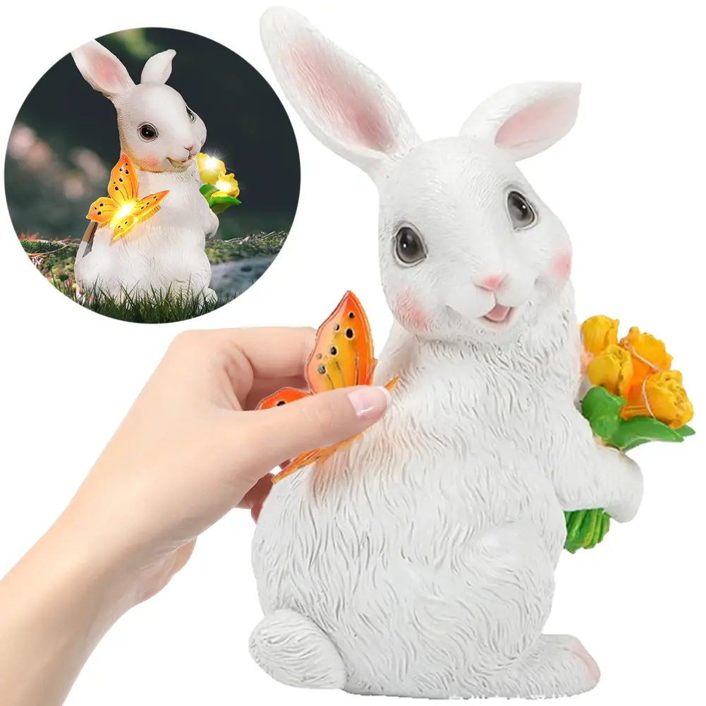 Solar Rabbit Statue Light Resin Rabbit Figurine Easter Rabbit Sculpture Bunny LED Garden Light for Spring Home Decor