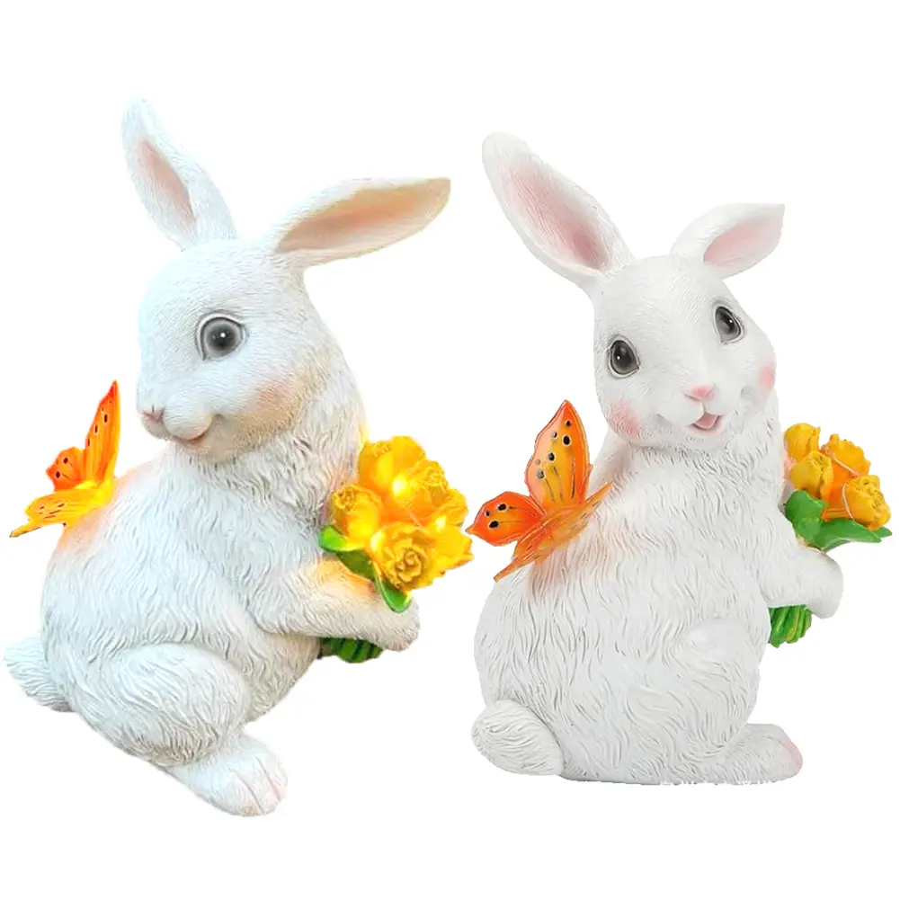 Solar Rabbit Statue Light Resin Rabbit Figurine Easter Rabbit Sculpture Bunny LED Garden Light for Spring Home Decor