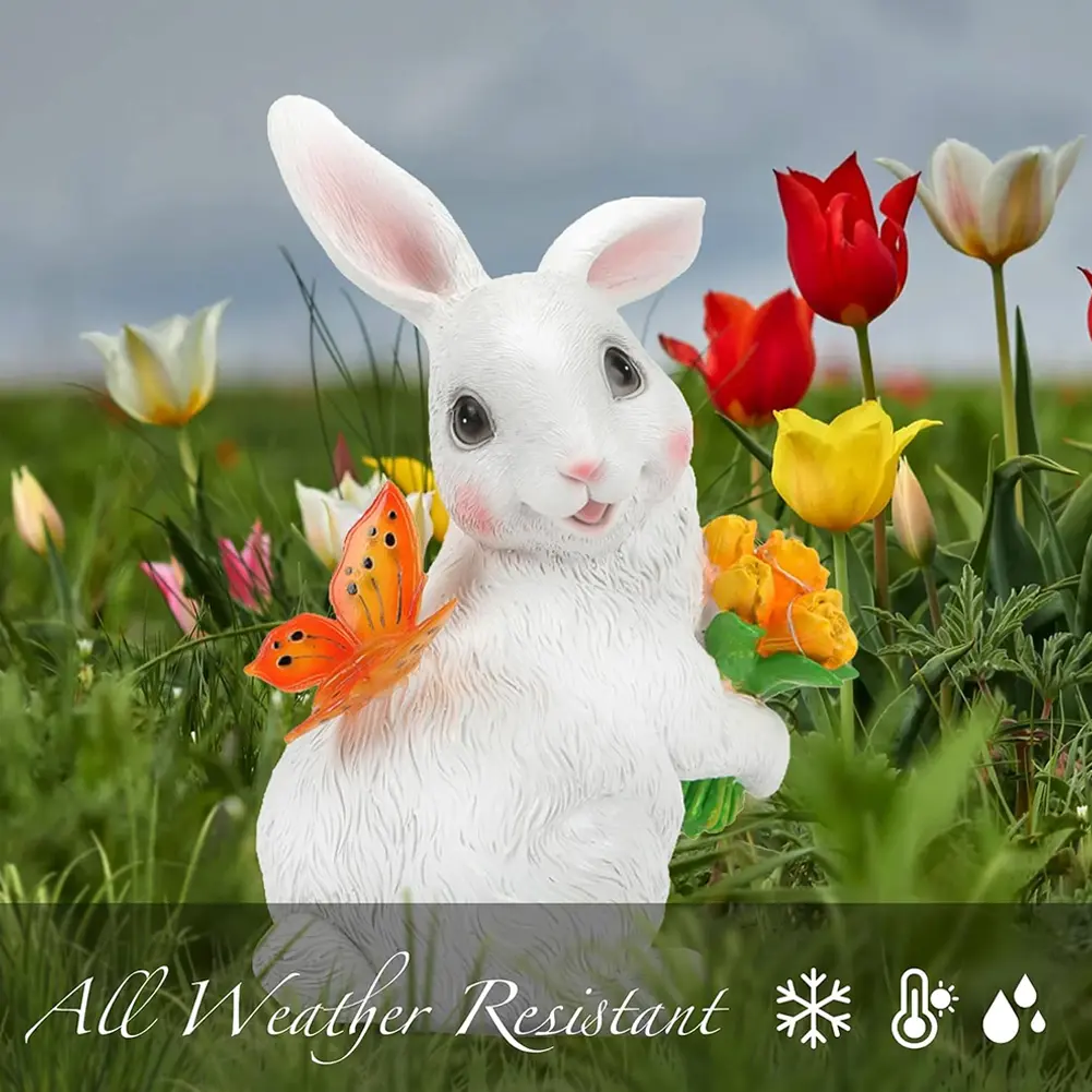 Solar Rabbit Statue Light Resin Rabbit Figurine Easter Rabbit Sculpture Bunny LED Garden Light for Spring Home Decor