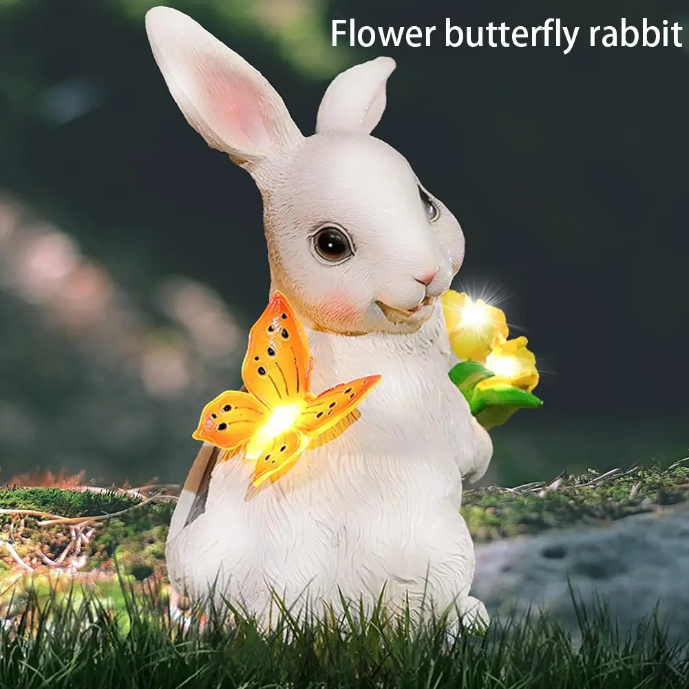 Solar Rabbit Statue Light Resin Rabbit Figurine Easter Rabbit Sculpture Bunny LED Garden Light for Spring Home Decor