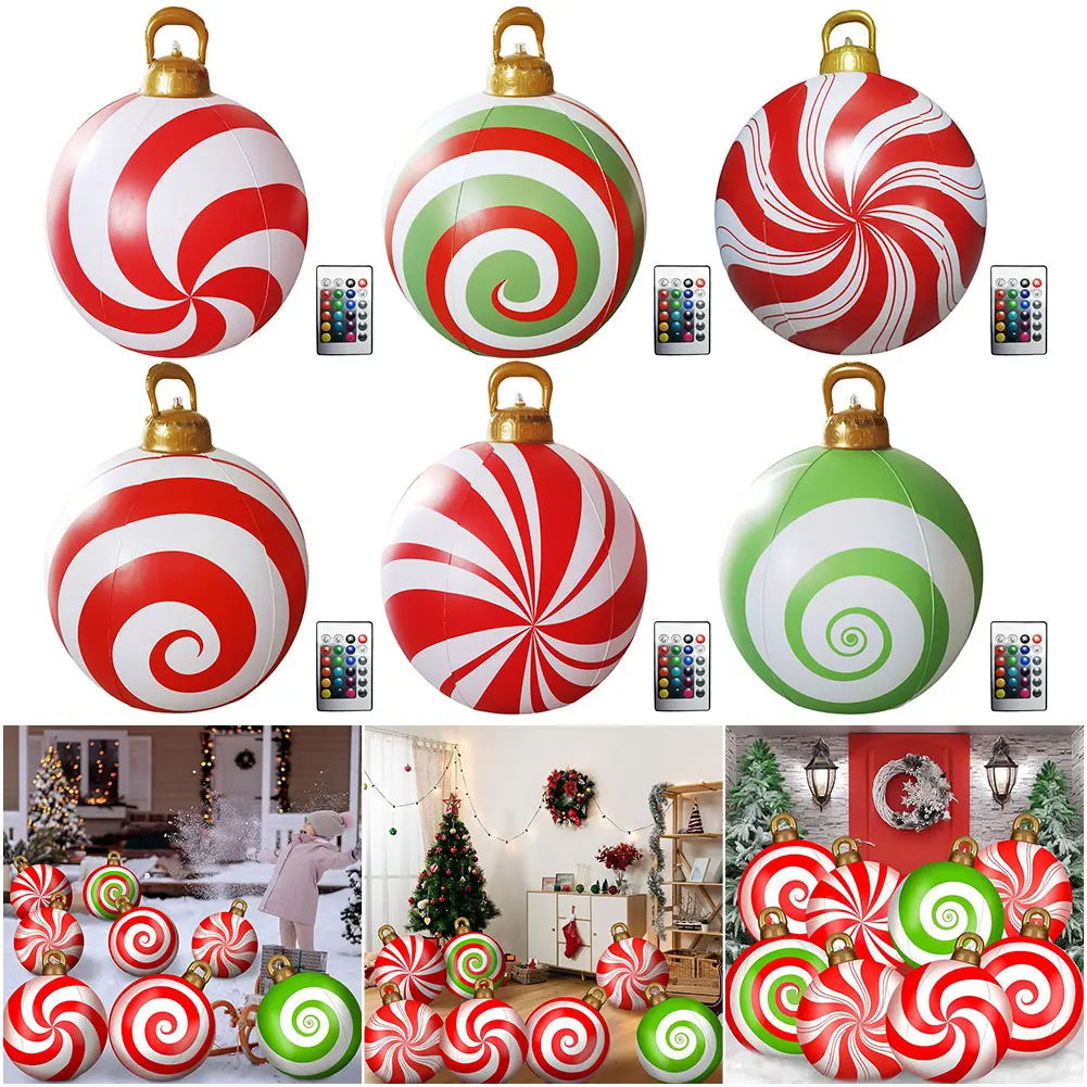 60cm Giant Christmas Inflatable Print Ball with Lights Outdoor Large Glitter Decorated Ball Outdoor Xmas Inflatable Decor Ball