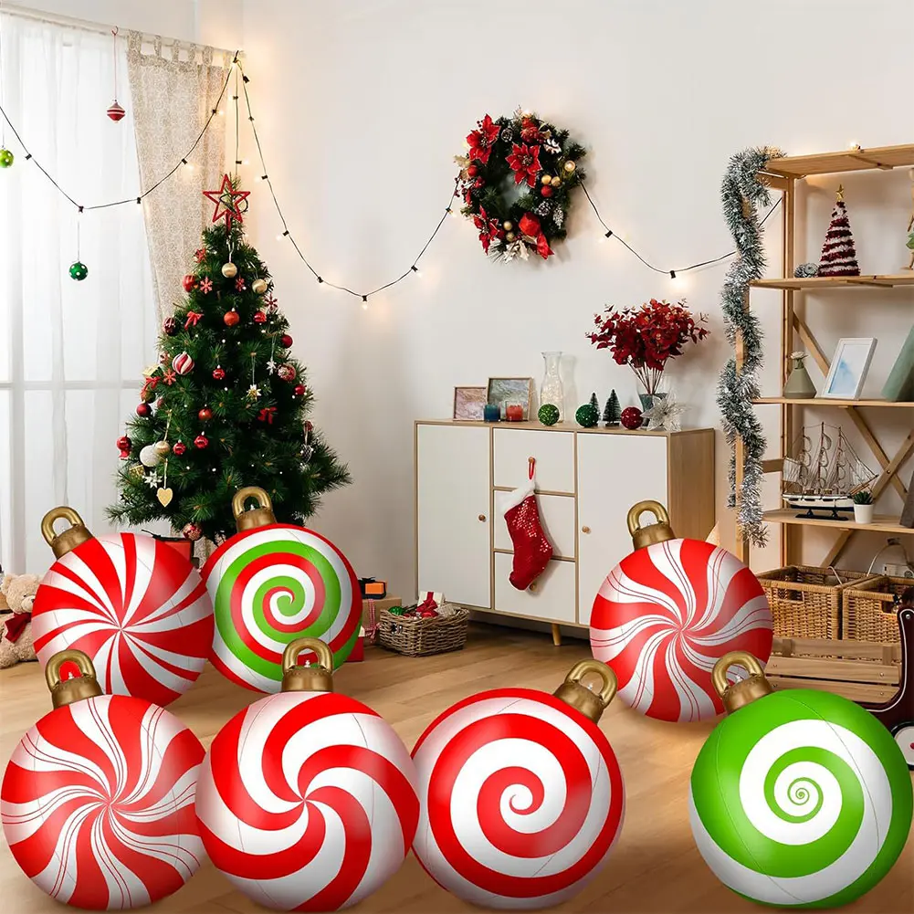 60cm Giant Christmas Inflatable Print Ball with Lights Outdoor Large Glitter Decorated Ball Outdoor Xmas Inflatable Decor Ball