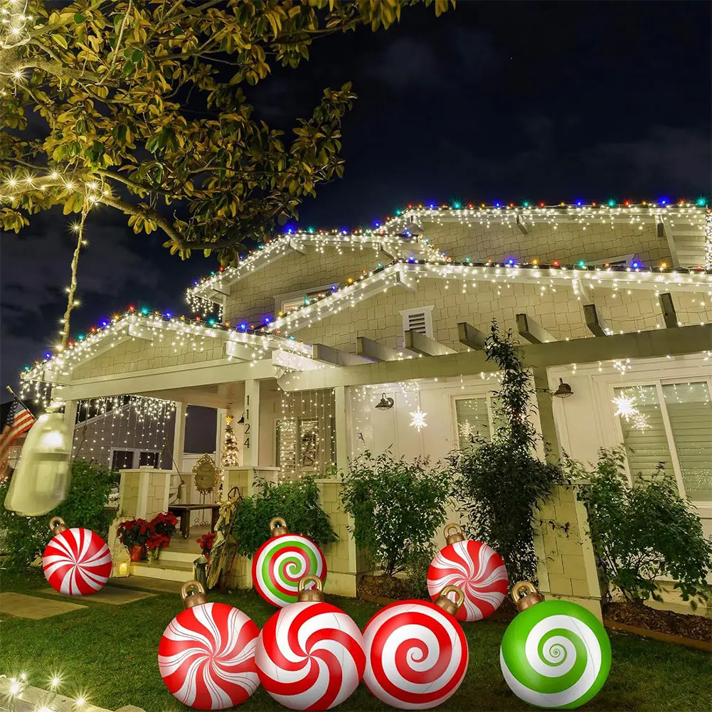 60cm Giant Christmas Inflatable Print Ball with Lights Outdoor Large Glitter Decorated Ball Outdoor Xmas Inflatable Decor Ball