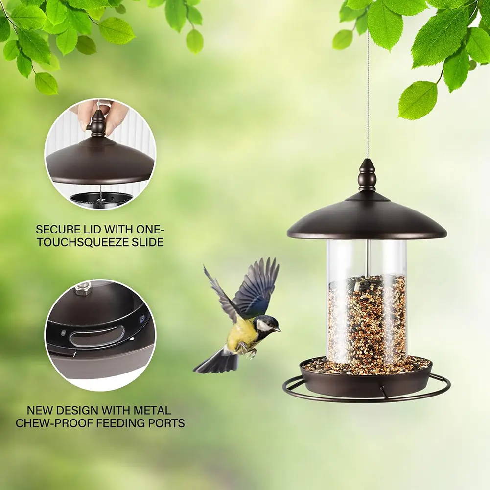 Metal Bird Feeder Large Capacity Hanging Hummingbird Feeder Waterproof Roof Bird Feeder for Outdoor Garden Yard