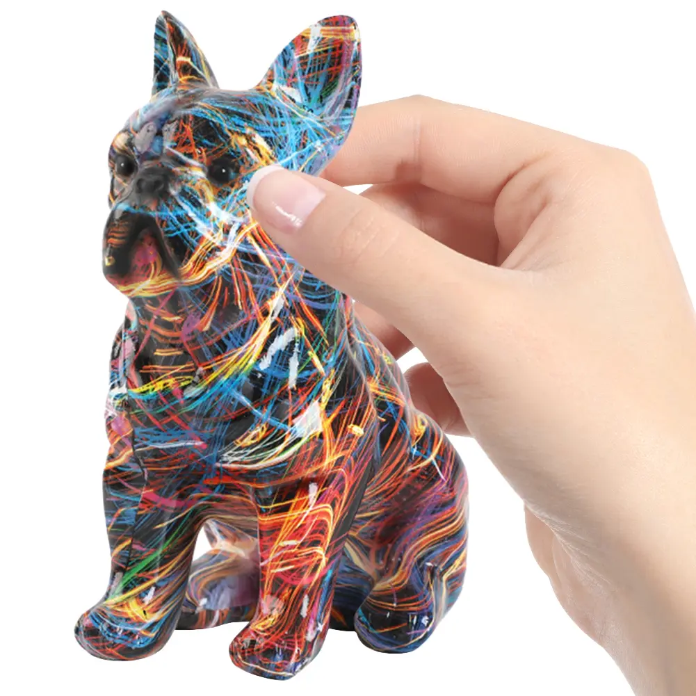 Bulldog Statue Dog Desktop Ornament Funny Colorful Art Animal Statue Graffiti Dog Sculpture for Bookshelf Table TV Cabinet