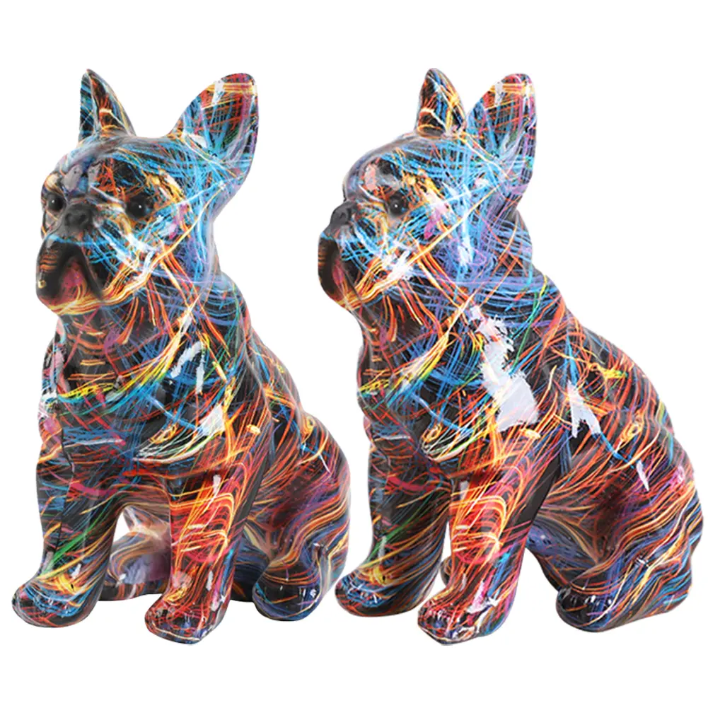 Bulldog Statue Dog Desktop Ornament Funny Colorful Art Animal Statue Graffiti Dog Sculpture for Bookshelf Table TV Cabinet
