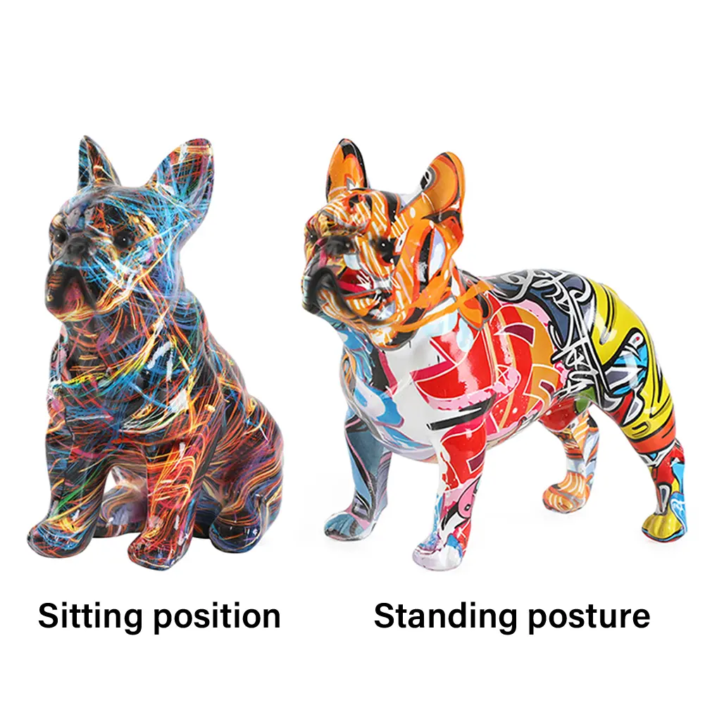 Bulldog Statue Dog Desktop Ornament Funny Colorful Art Animal Statue Graffiti Dog Sculpture for Bookshelf Table TV Cabinet