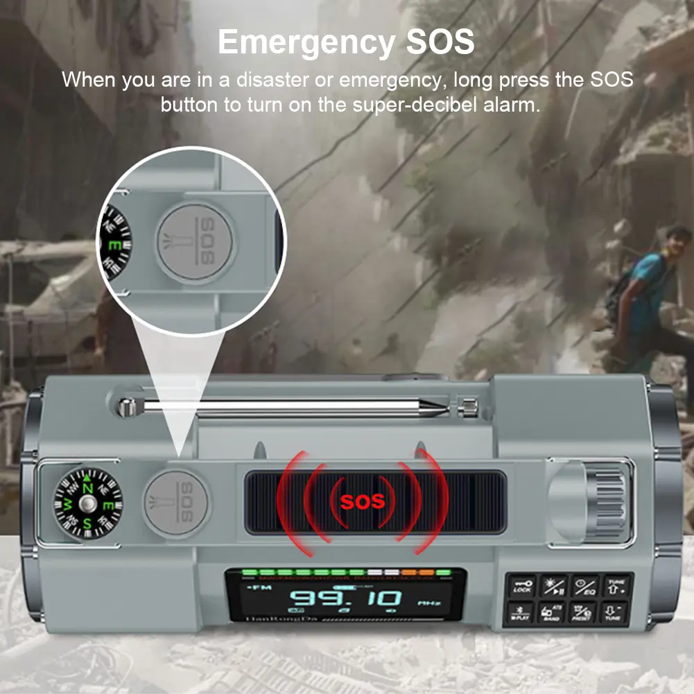 Hand Crank Emergency Radio with SOS Alarm LED Flashlight BT Speaker Portable Radio Solar Radio for Indoor Outdoor Emergencies