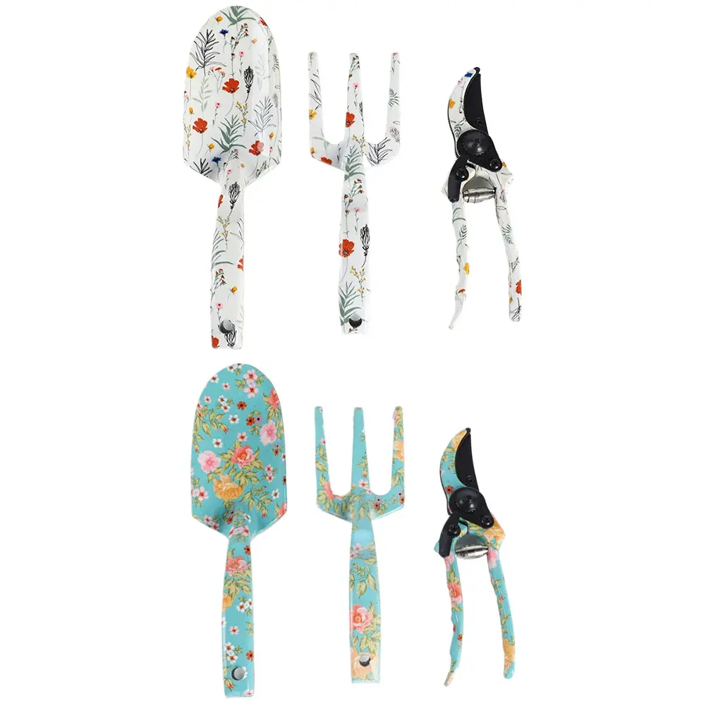 3 Piece Printed Garden Tool Set Hand Rake Pruning Shear and Trowel Aluminum Gardening Tool Kit Floral Design Trowel Fork