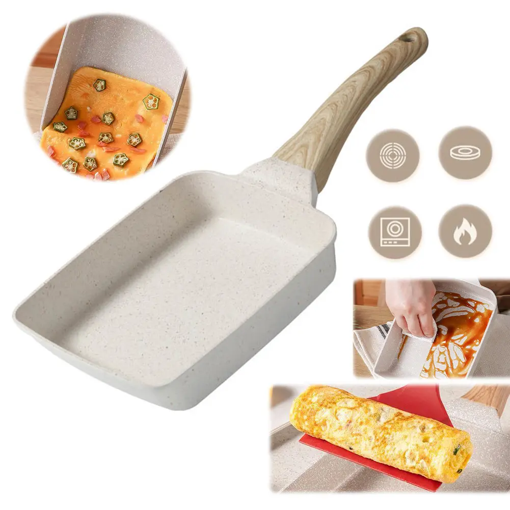Nonstick Flat Pan with Heat-Resistant Handle Rectangle Egg Pan Skillet Tamagoyaki Cooker for Gas Stove Induction Cookware