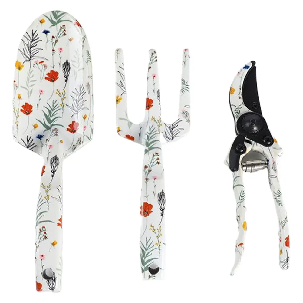 3 Piece Printed Garden Tool Set Hand Rake Pruning Shear and Trowel Aluminum Gardening Tool Kit Floral Design Trowel Fork
