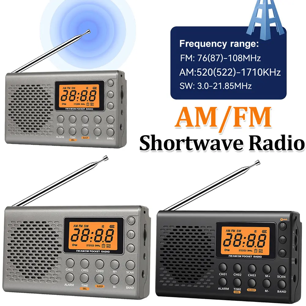 AM/FM Shortwave Radio Digital Display Battery Operated Radio with Sleep Timer and Alarm Clock Function for Home Outdoor