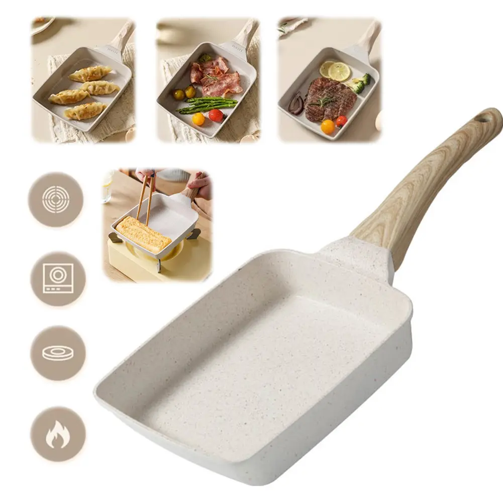 Nonstick Flat Pan with Heat-Resistant Handle Rectangle Egg Pan Skillet Tamagoyaki Cooker for Gas Stove Induction Cookware