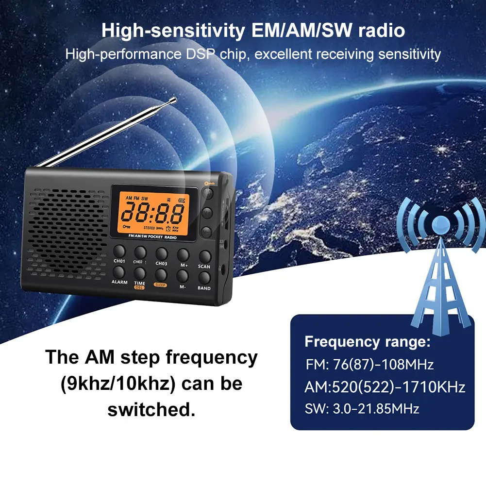 AM/FM Shortwave Radio Digital Display Battery Operated Radio with Sleep Timer and Alarm Clock Function for Home Outdoor