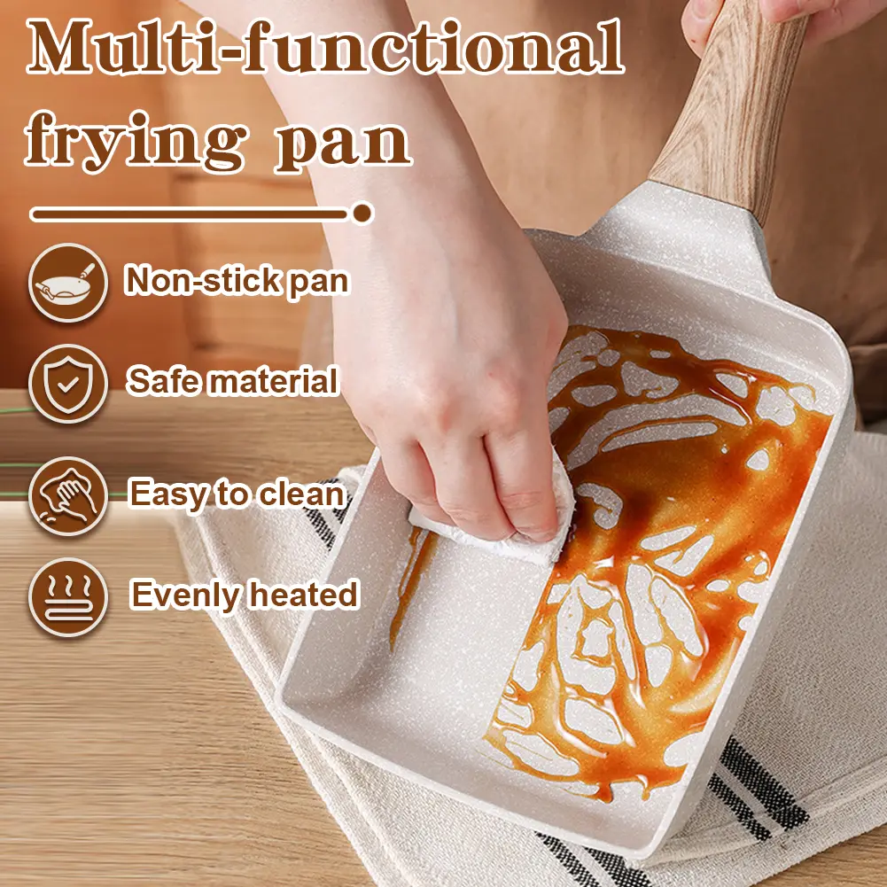 Nonstick Flat Pan with Heat-Resistant Handle Rectangle Egg Pan Skillet Tamagoyaki Cooker for Gas Stove Induction Cookware
