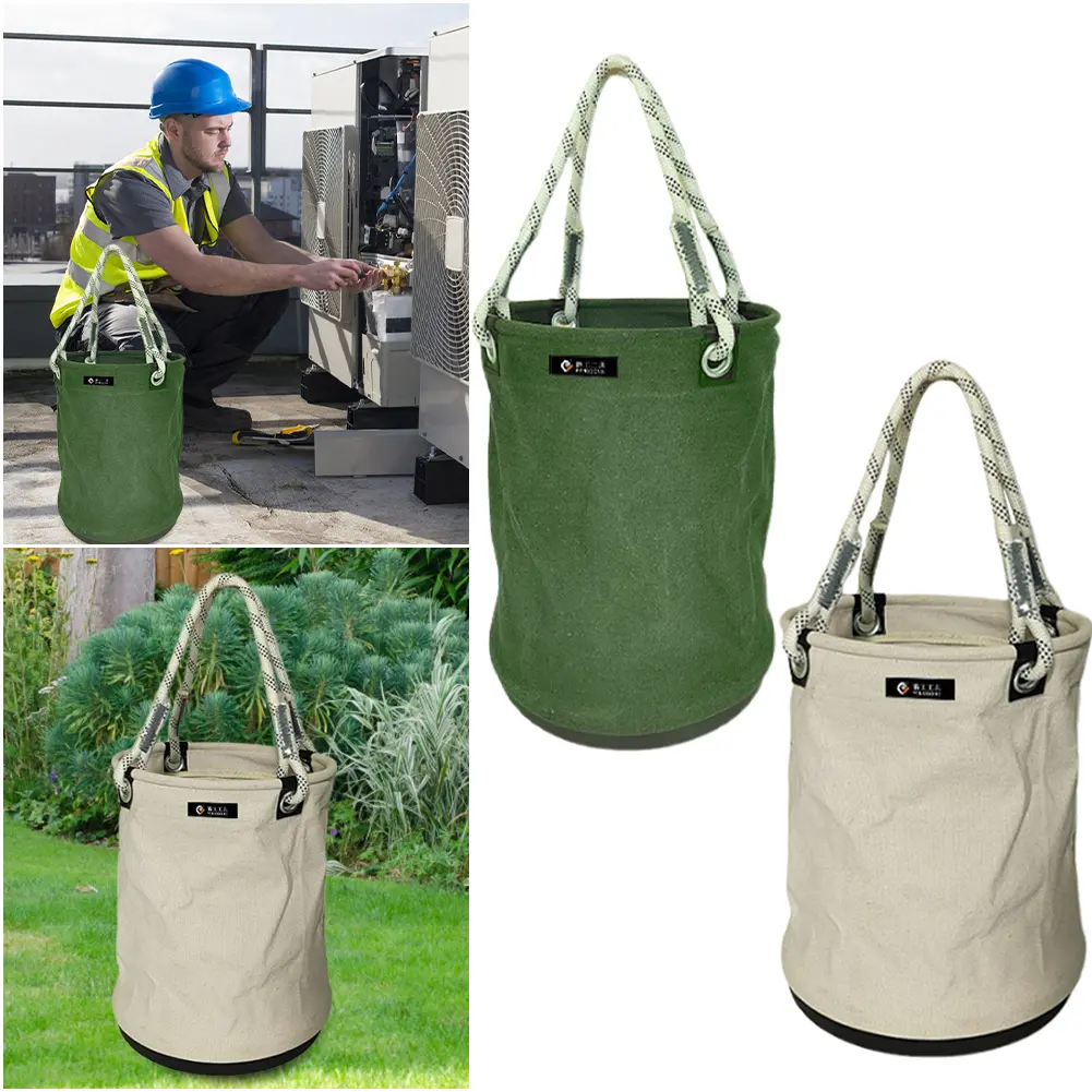 Canvas Tool Bucket Bag with Plastic Bottom Tool Storage Bucket All-Purpose Tool Bucket for Electrician for Garden Cleaning Tool