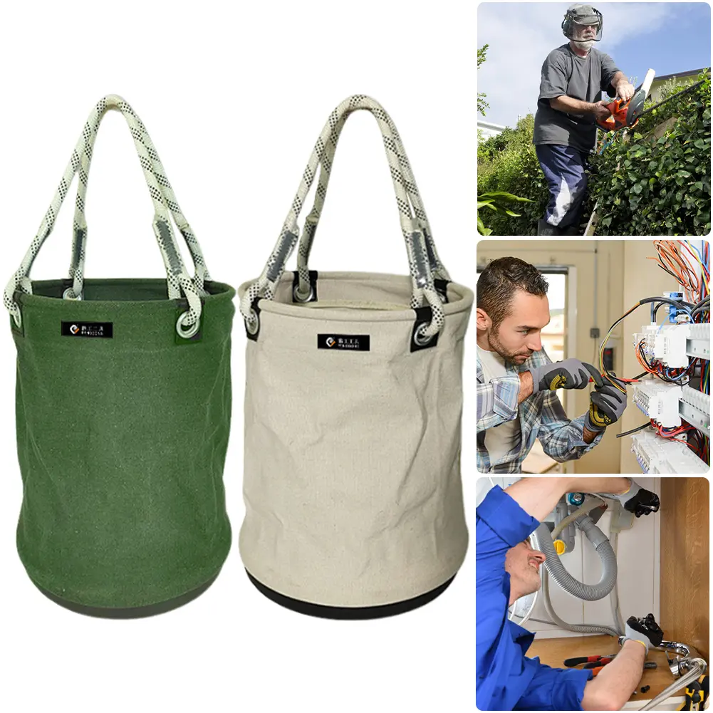 Canvas Tool Bucket Bag with Plastic Bottom Tool Storage Bucket All-Purpose Tool Bucket for Electrician for Garden Cleaning Tool