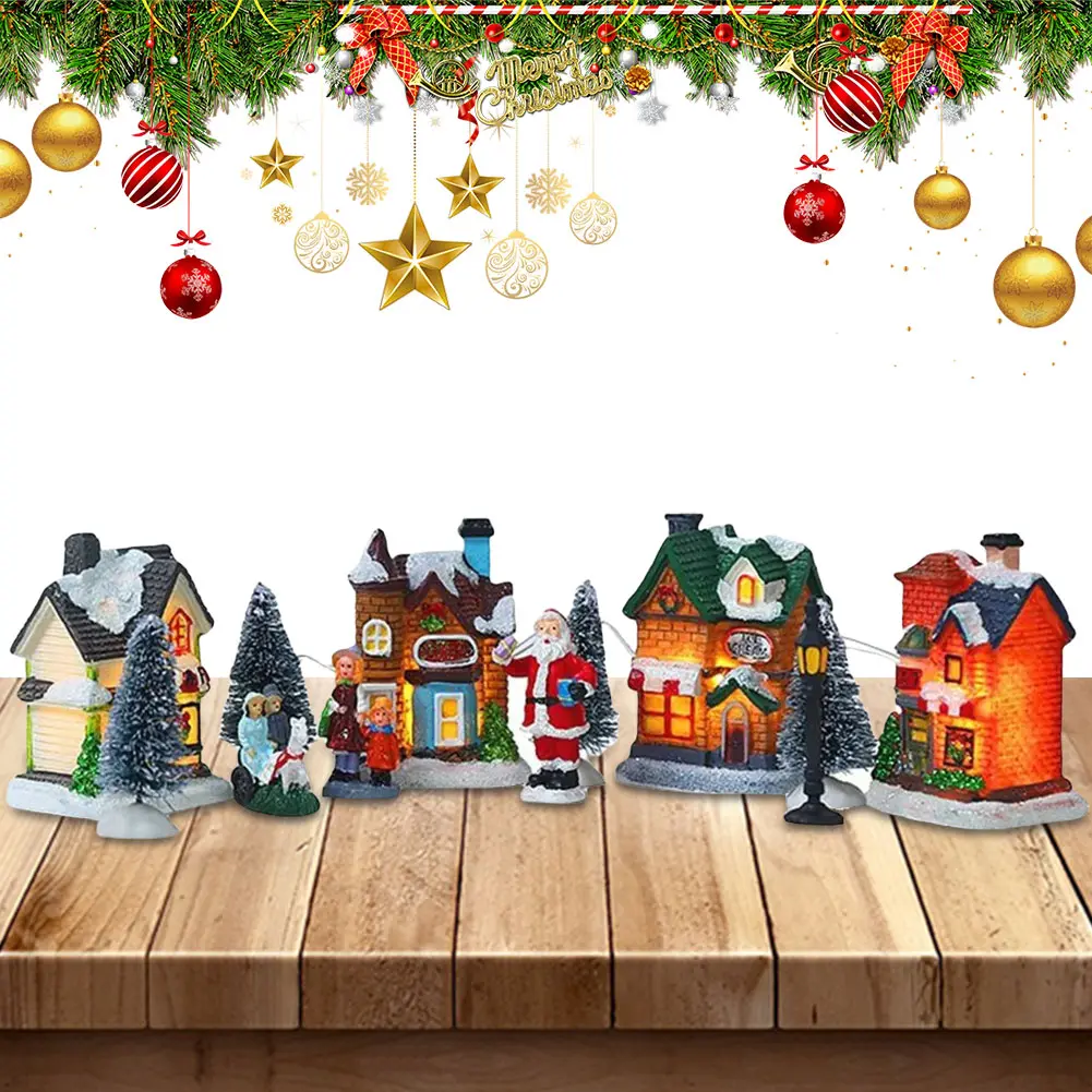12 Pcs Mini Resin Christmas Village Houses Figurines Battery Operated Lighted LED Christmas Collectible Ornament Landscape Decor