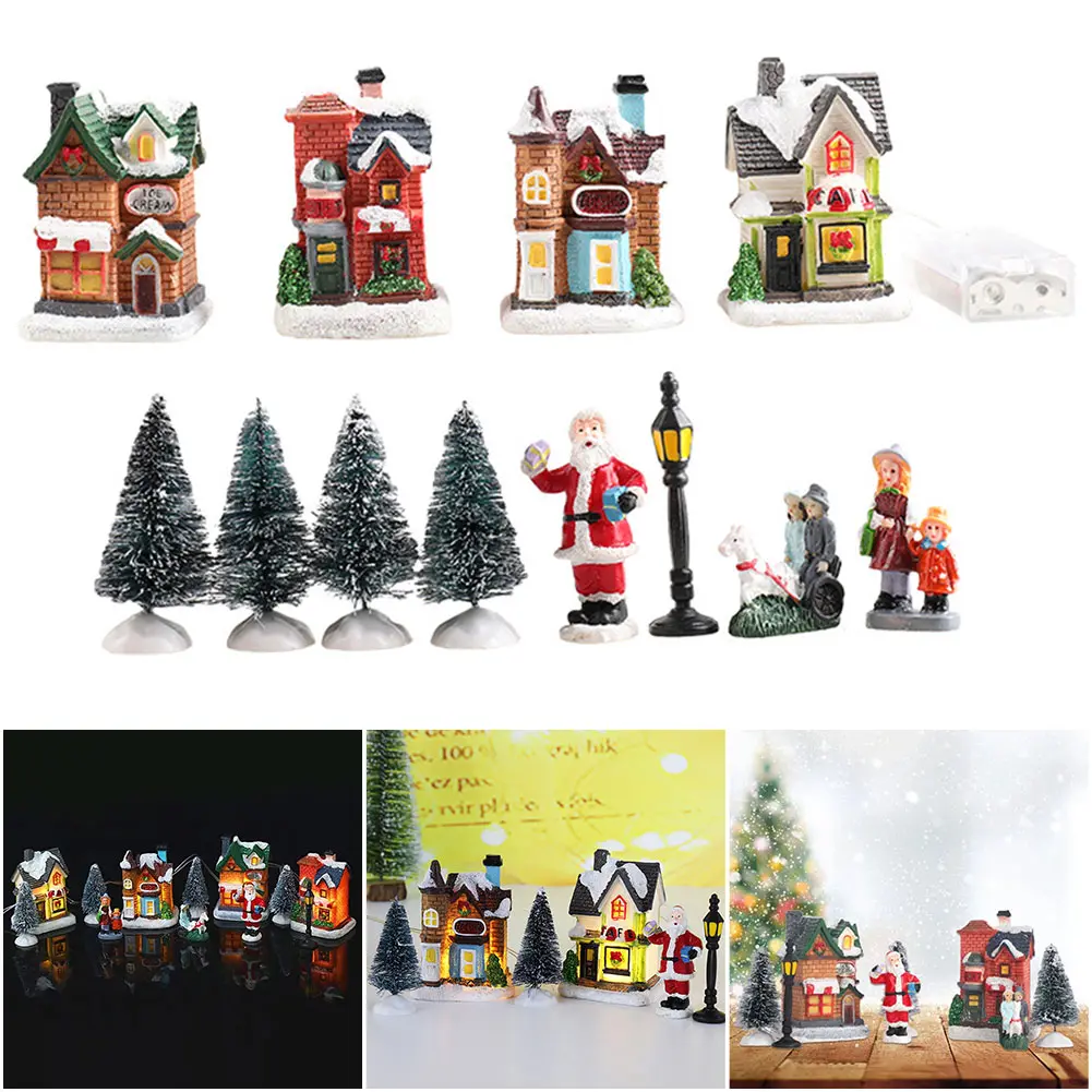 12 Pcs Mini Resin Christmas Village Houses Figurines Battery Operated Lighted LED Christmas Collectible Ornament Landscape Decor