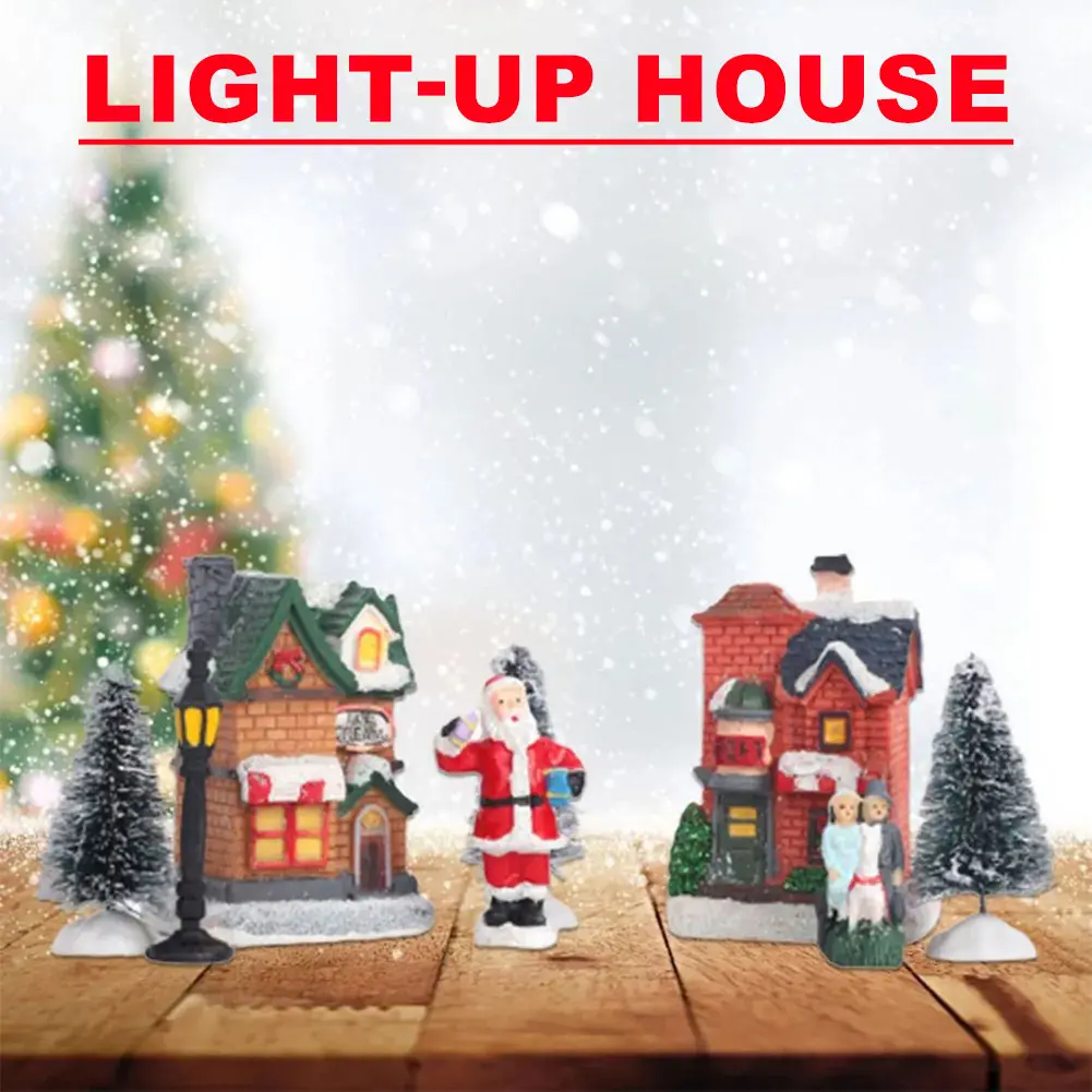 12 Pcs Mini Resin Christmas Village Houses Figurines Battery Operated Lighted LED Christmas Collectible Ornament Landscape Decor