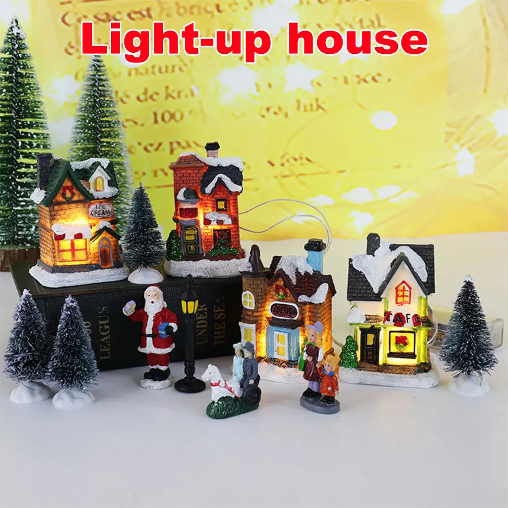 12 Pcs Mini Resin Christmas Village Houses Figurines Battery Operated Lighted LED Christmas Collectible Ornament Landscape Decor