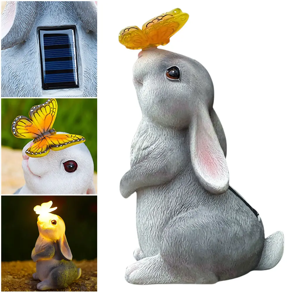 Solar Bunny Statue with LED Light Rabbit Garden Statue with Butterfly Rabbit Figurine for Yard and Garden Decor
