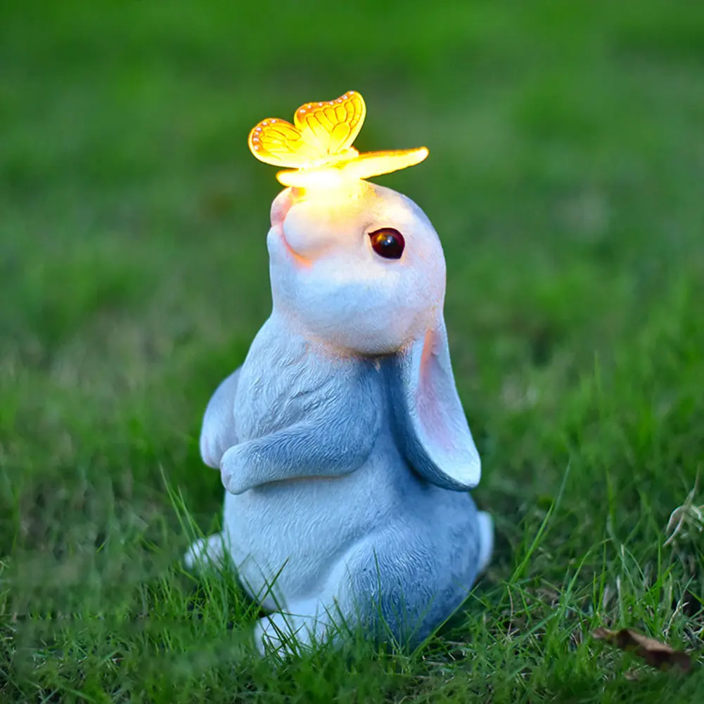 Solar Bunny Statue with LED Light Rabbit Garden Statue with Butterfly Rabbit Figurine for Yard and Garden Decor