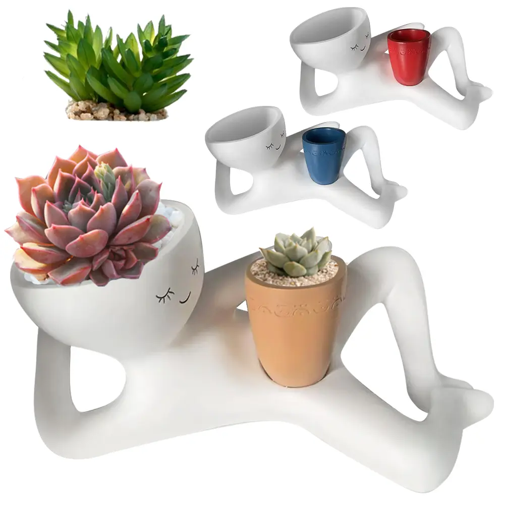 Relaxing Person Holding Pot Planter with Drainage Hole Penis Body Vase Decor Resin Funny Succulent Pot for Succulents Cactus