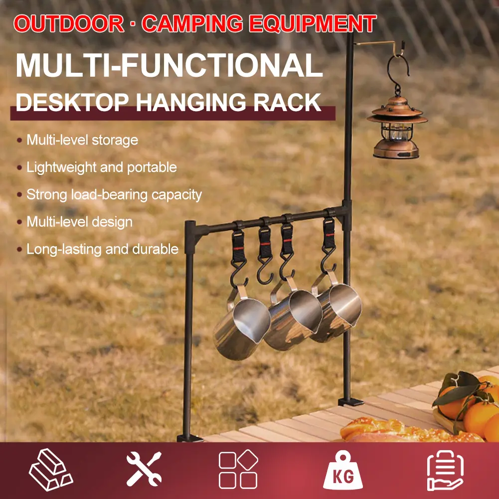 Folding Desktop Stand with Hook Camping Storage Bracket Aluminum Alloy Camping Lantern Hanger for Outdoor Dining and Hiking