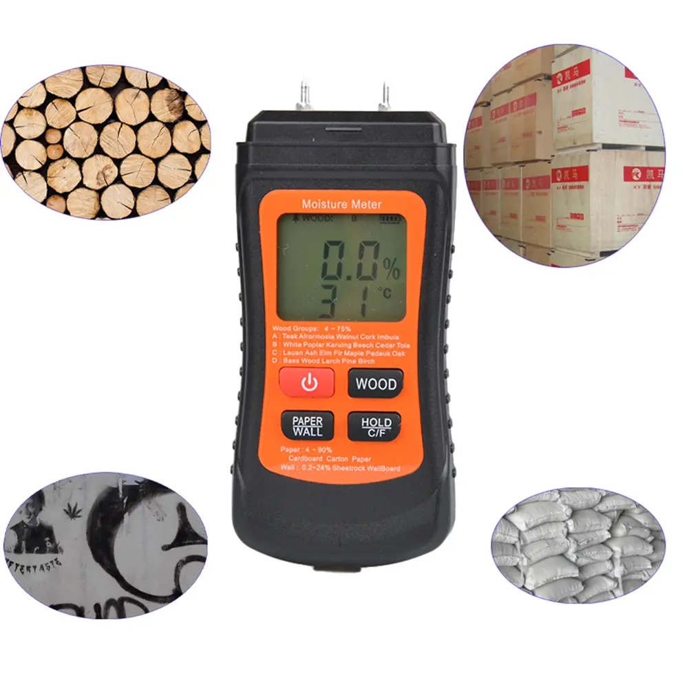 Two Pins Timber Damp Detector with Temperature Display Digital Tree Moisture Tester Moisture Reader for Lumber Concrete Building