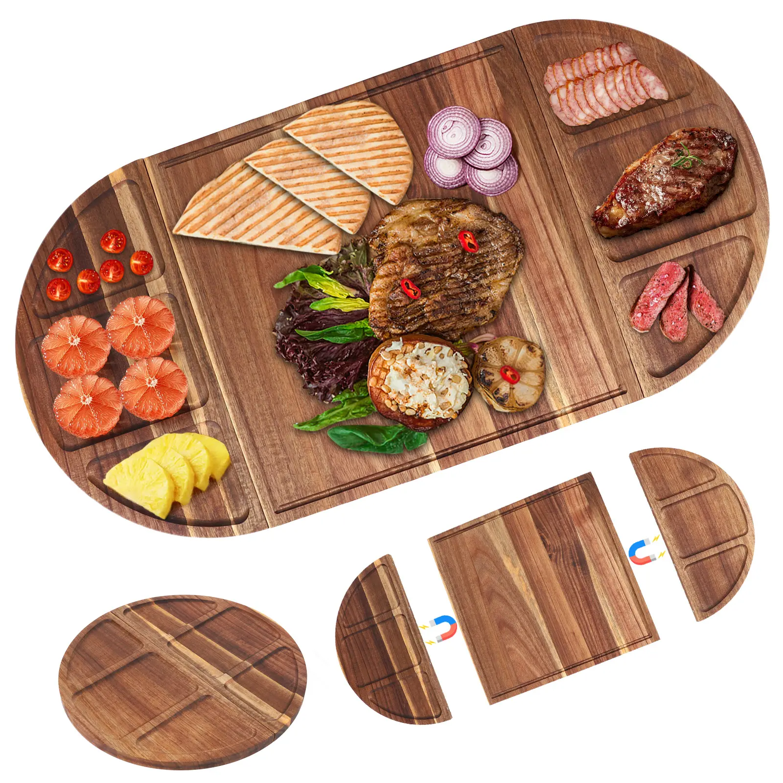 Acacia Wood Serving Tray Charcuterie Tray Multi-Function Charcuterie Platter with Grooves Food Tray Magnetic for Kitchen