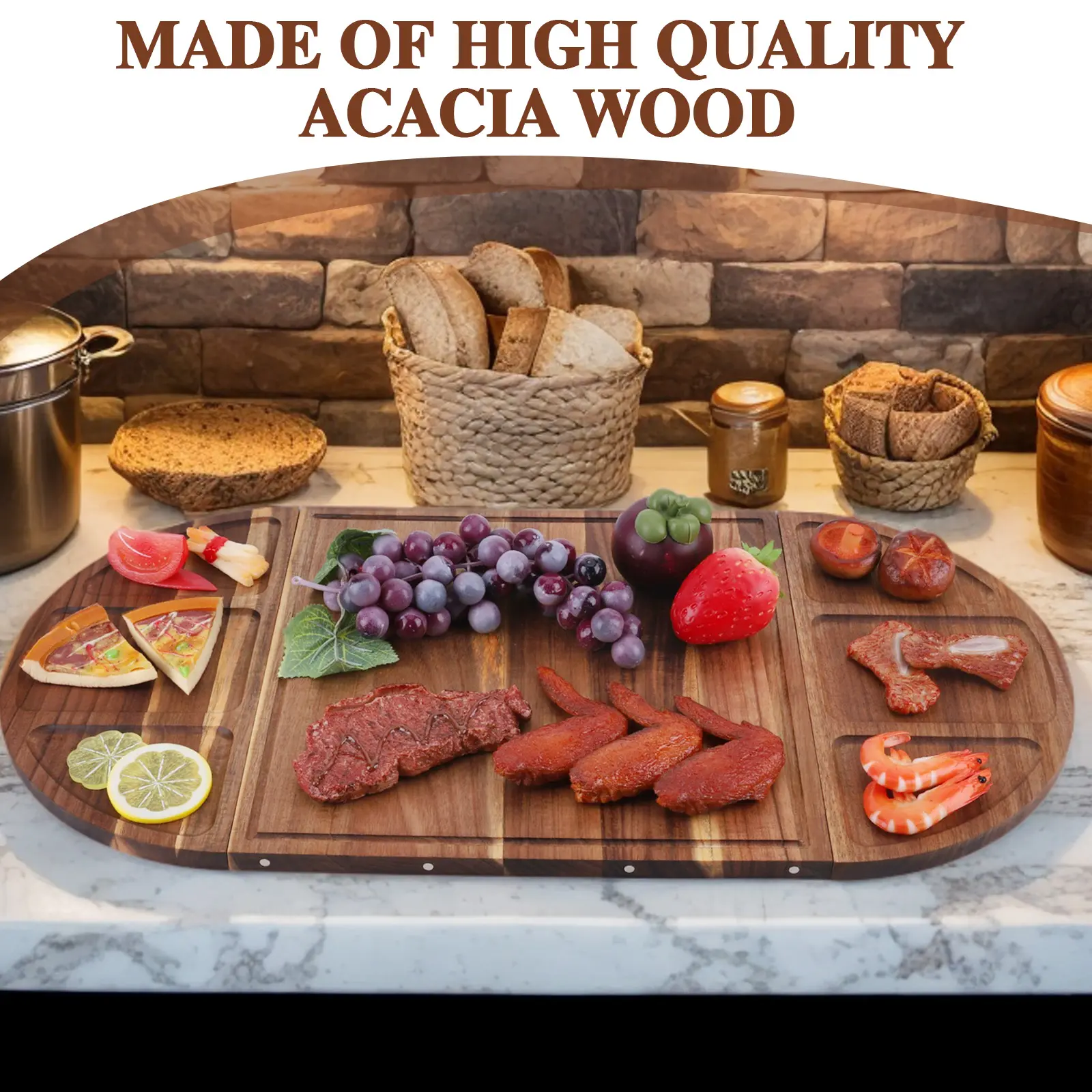 Acacia Wood Serving Tray Charcuterie Tray Multi-Function Charcuterie Platter with Grooves Food Tray Magnetic for Kitchen