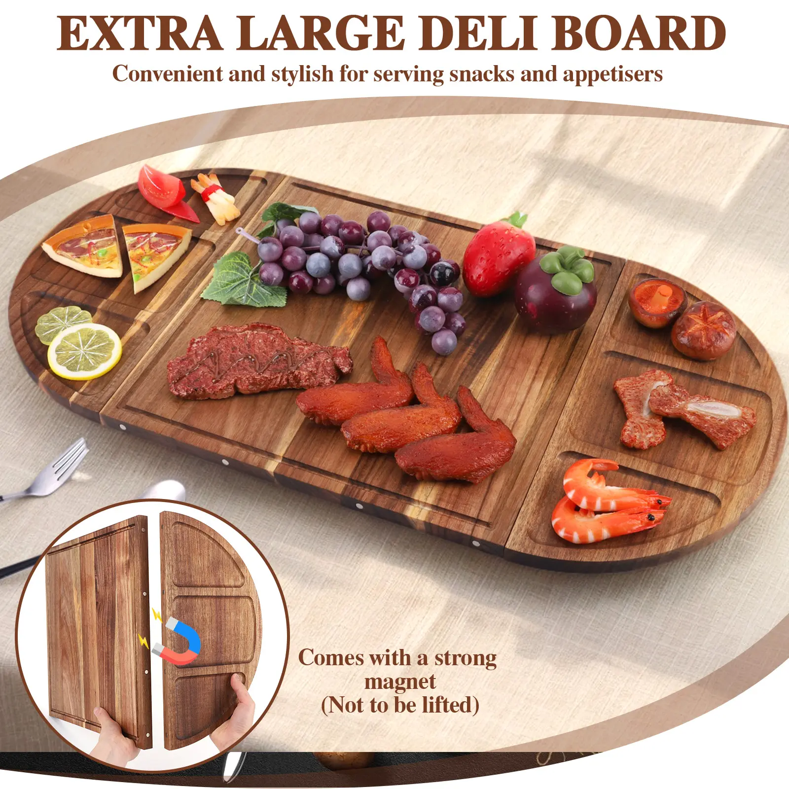 Acacia Wood Serving Tray Charcuterie Tray Multi-Function Charcuterie Platter with Grooves Food Tray Magnetic for Kitchen