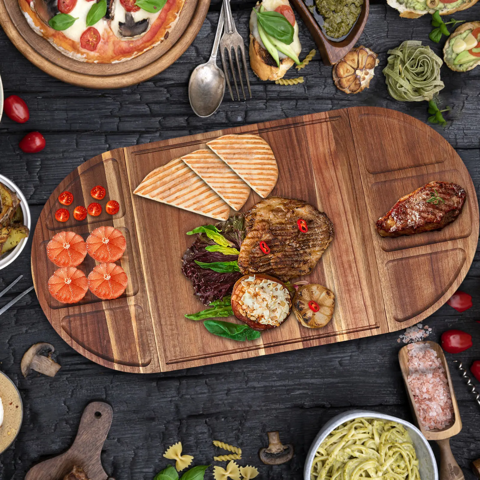 Acacia Wood Serving Tray Charcuterie Tray Multi-Function Charcuterie Platter with Grooves Food Tray Magnetic for Kitchen