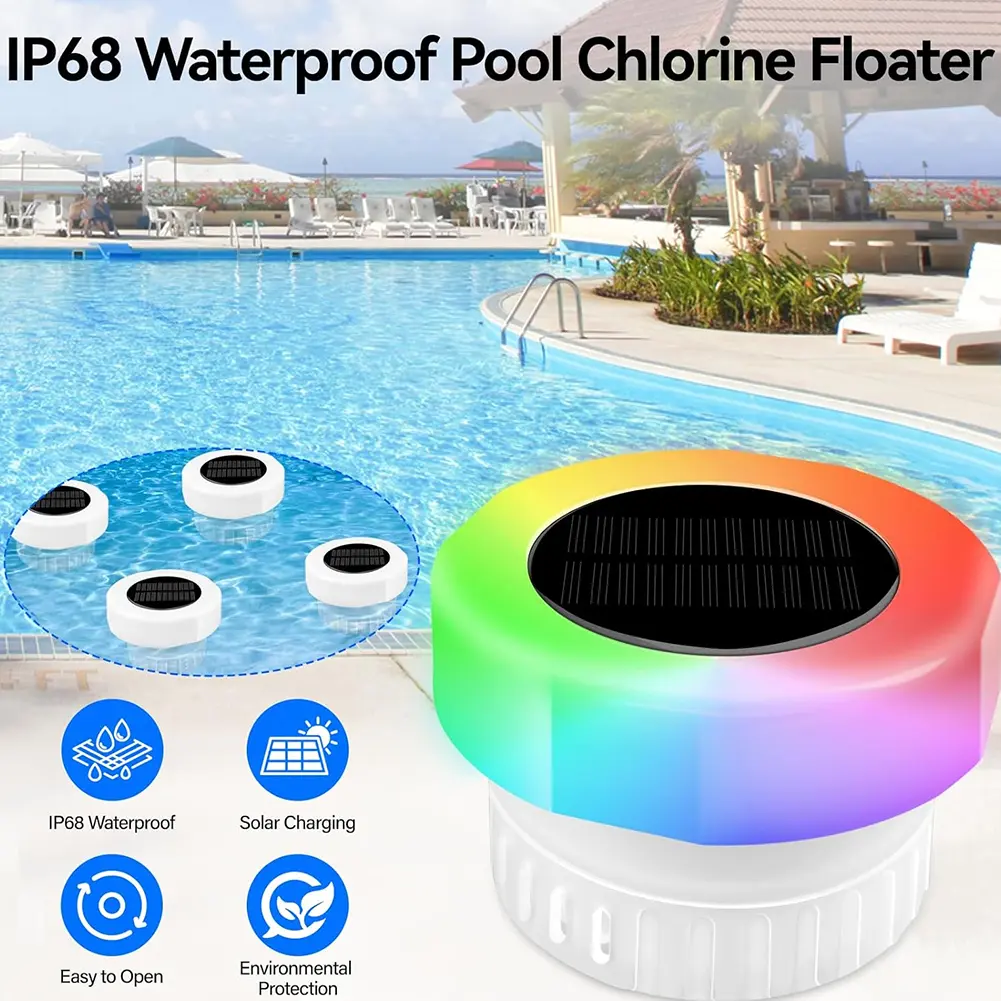 Solar Powered Chlorine Tablet Floater with Colorful Light Pool Floating Chlorinator IP68 Waterproof for Up To 3 Inch Tablets