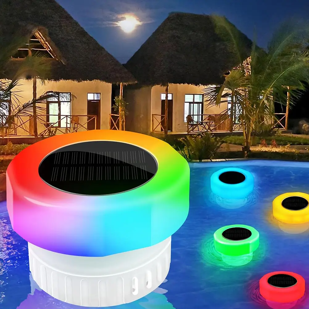 Solar Powered Chlorine Tablet Floater with Colorful Light Pool Floating Chlorinator IP68 Waterproof for Up To 3 Inch Tablets