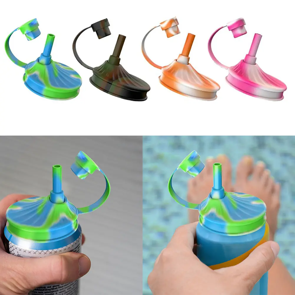 4 Pack Soda Can Covers with Straw Silicone Energy Drink Canning Lids Reusable Can Covers for Soda Beer Juice Fits Standard Cans