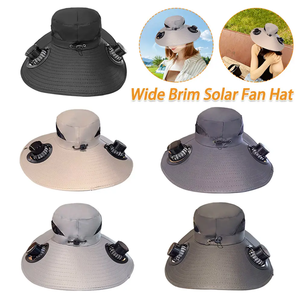 Wide Brim Solar Fan Hat Sun Bucket Hat UV Protection Fishing Hat with 2 Removable Fan Sun Visor Hat for Outdoor Summer Camping