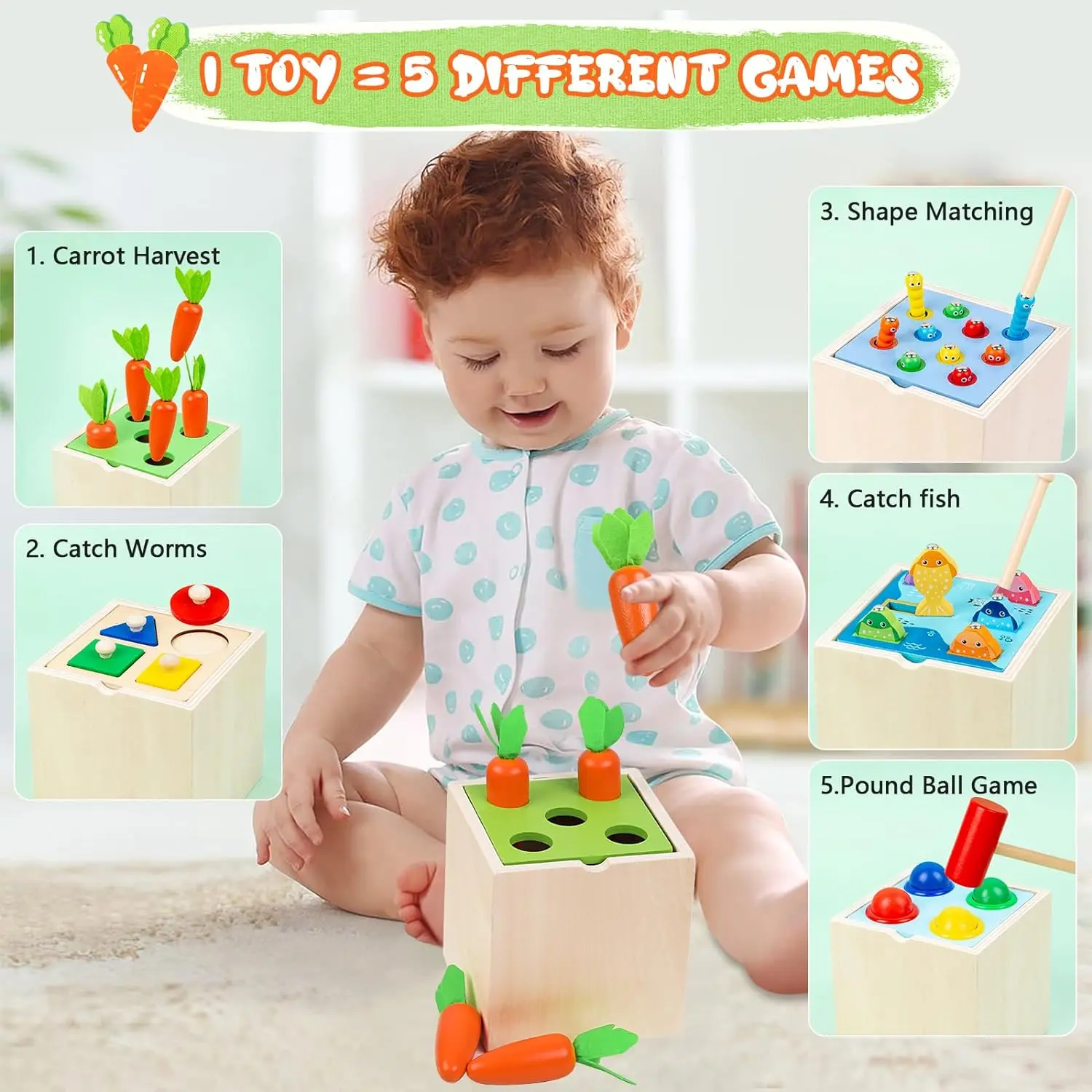 Wooden Montessori Toys Play Kit Object Permanence Box Coin Carrot Toddler Early Development Shape Sorter Ball Drop Toys for Age