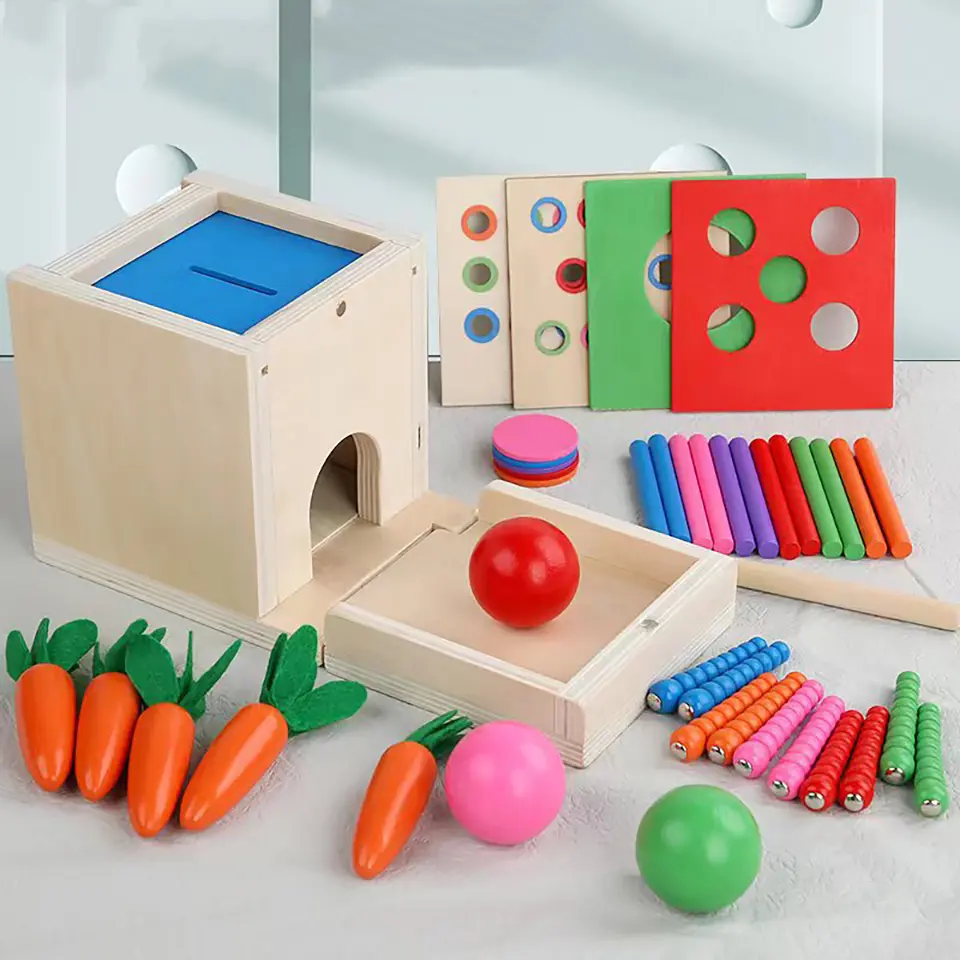 Wooden Montessori Toys Play Kit Object Permanence Box Coin Carrot Toddler Early Development Shape Sorter Ball Drop Toys for Age