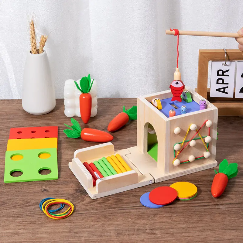 Wooden Montessori Toys Play Kit Object Permanence Box Coin Carrot Toddler Early Development Shape Sorter Ball Drop Toys for Age